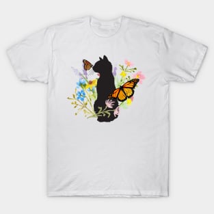 Kitty Cat Butterfly Garden Floral T-Shirt